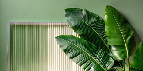 Green palm with reeded glass. Plant leaves. White Reeded Glass. Ribbed Background. Clean texture on stylish transparent background for premium look. Minimal wood wall with sunny tree decoration.