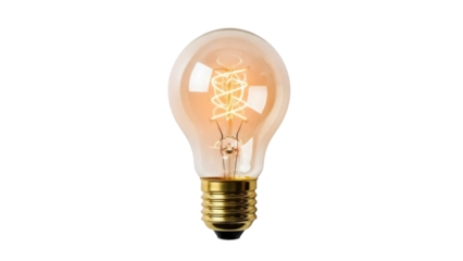 Isolated antique style light bulb with filament detail, vintage design element, glowing amber light
