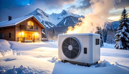 A cozy heat pump stands in the middle of a snowy mountain landscape, surrounded by frost-covered forests and white winter trees under a clear blue sky