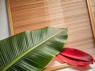 Green palm with reeded glass. Zen-inspired empty design with realistic blank space. Blurred sunny template for tree presentation. Plant leaves. Ribbed Background. White Reeded Glass.
