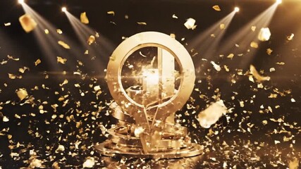 Golden awards and achievements with sparkling confetti and dramatic spotlights creating a festive