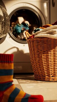 A Colorful Sock Standing Alone in Front of a Laundry Basket Beside a Washing Machine, Capturing the Everyday Moments of Household Chores and Laundry Time