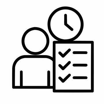 Line icon of a person with clock and checklist &mdash; time-bound responsibility, black on white, square minimalist style