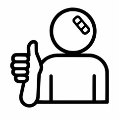 Line icon of a person with thumbs-up and bandage &mdash; recovered from blooper, black on white, square minimalist style
