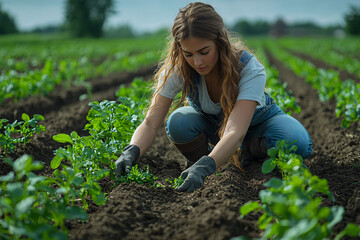 Young woman in work gloves tending green vegetable plants in neatly aligned soil rows on a farm, focusing on sustainable agriculture and careful crop cultivation.