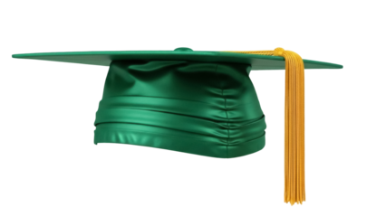 Isolated graduation cap, emerald green mortarboard, tassel falling near side of hat, ceremony