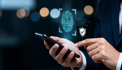 Secure mobile authentication is represented through fingerprint scan on smartphone, emphasizing technology and safety. image conveys sense of modern security and user interaction