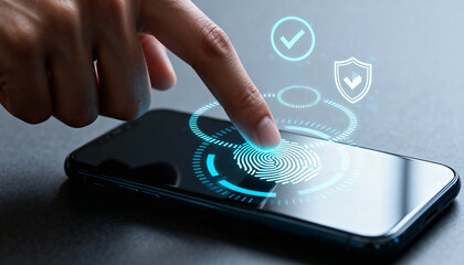 Person interacts with smartphone, using fingerprint scanner for security verification. digital interface displays checkmarks and shield symbol, emphasizing safety and technology
