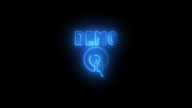 a glowing Blue Neon DEMO Text With Cursor Icon demo word 4k animation video on black background 
