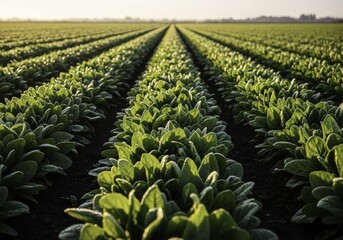 Fototapeta premium Vibrant Green Leafy Crop Field with Morning Frost and Golden Sunlight, Stretching into the Horizon