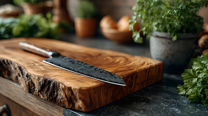 Rustic kitchen scene with wooden cutting board and knife, surrounded by fresh herbs and vegetables, creates warm and inviting atmosphere