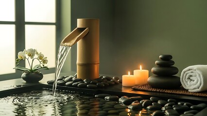 Serene Spa Setting with Candles and Stones.