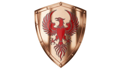 Isolated heraldic shield with phoenix rising, ancient design, metallic emblem, fantasy decoration
