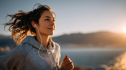Young woman joyfully jogs outdoors at sunrise, wearing gray hoodie and wireless earphones, with scenic view of mountains and water in background