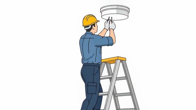 Installing Electrical Fixtures on Ceiling Using Ladder