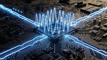 A futuristic digital network city concept featuring a blue abstract technology background with fiber optics cables and glowing electronic circuit data spots for high speed internet communication