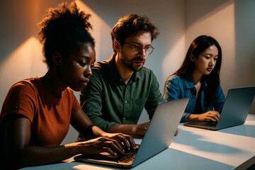 Focused students working on laptops in dim classroom, diverse young people learning programming and technology skills together.