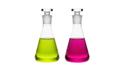 Isolated, two flasks of colorful liquid, scientific chemistry experiment for science classroom