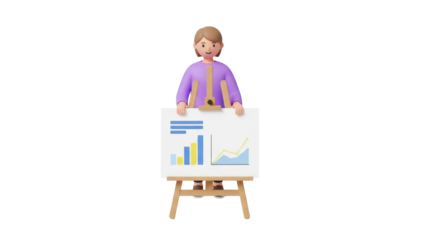Isolated presenter with statistics chart. Person, data, graph, business, sales trends