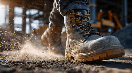 Sturdy worker boots kick up dust on construction site, showcasing durability and rugged design. boots are laced tightly, emphasizing their functionality and protection in demanding environment
