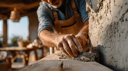 Skilled worker in overalls carefully smooths plaster on interior wall, focusing intently on task. warm lighting and rustic setting create serene atmosphere