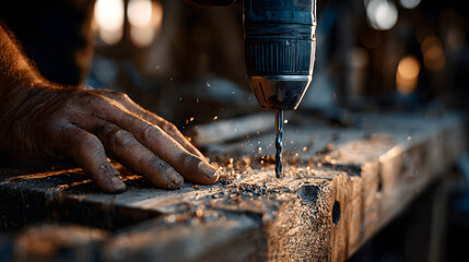 Worker uses drill to assemble wooden furniture, with sawdust flying in workshop setting, creating focused and industrious atmosphere
