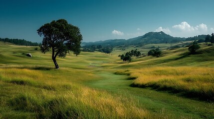 Peaceful vista rolling hills covered with tall grass with a single tree nearby