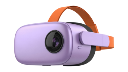 Isolated VR headset for gaming or immersive experience with orange head strap and purple frame