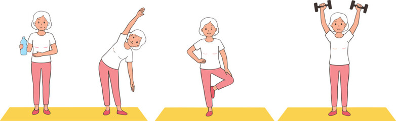 Senior woman fitness exercise vector illustration showing stretching, balance, and strength training routine for healthy aging, wellness, and active lifestyle