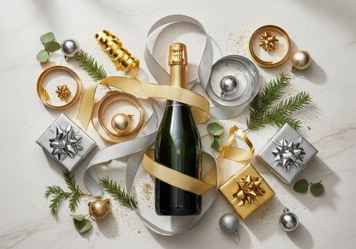 Champagne bottle and christmas decorations on a white marble surface with gold and silver accents