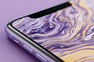 Purple smartphone with marbled screen pattern showcasing power button and volume controls on lilac background