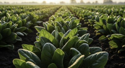 Young spinach plants in a lush green field at sunrise, covered in morning dew or frost, showcasing agricultural growth and fresh produce.