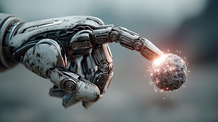 Robot hand touching glowing sphere with intricate mechanical details and industrial aesthetic