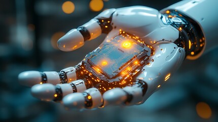 Robot hand holding illuminated circuit board displays futuristic technology and intricate design elements