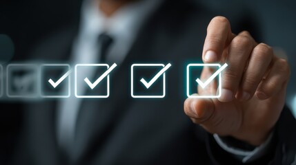 Businessman in Suit Selecting Checklist Options with Green Checks on Transparent Screen in Modern Office Environment