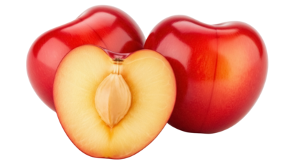 Isolated Still life of delicious plum with a half plum and pit on fruit market stall