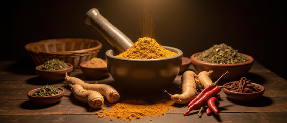 Vibrant display of spices, featuring mortar and pestle with turmeric powder, surrounded by various herbs and chilies, creating warm, inviting