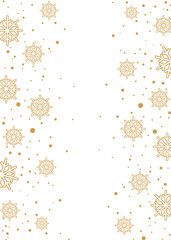 Vertical festive background with gold snowflakes and scattered dots on white, elegant winter border design ideal for Christmas invitations, holiday greeting cards, party flyers, posters and seasonal 