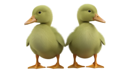 Isolated pair of olive-colored fluffy ducklings standing and looking adorable on plain backdrop