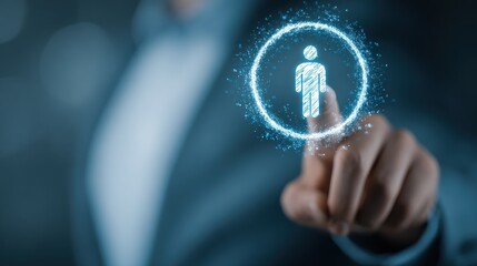 Businessman Selecting Digital Human Icon on Virtual Interface with Sparkles, Innovation in Technology and Human Resource Management Concept