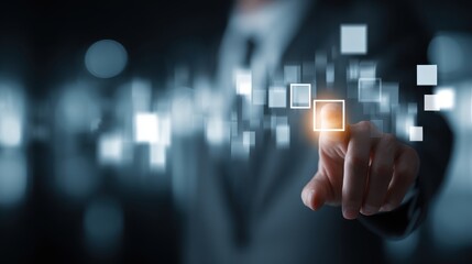 Professional Businessman Touching Digital Interface With Interactive Elements, Modern Technology Concept, Abstract Data Visualization And Communication