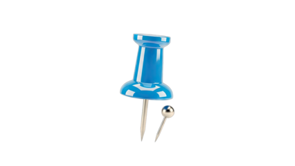 Blue Push Pin and Silver Thumbtack Isolated on White