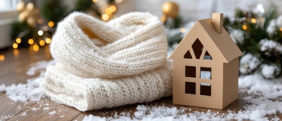 A wooden cabin nestled among evergreen trees, blanketed in snow, as soft flakes fall gently in a tranquil winter setting