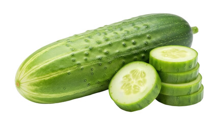 Isolated, vibrant green cucumber, halved slice, and stack of slices, vegetable ingredient
