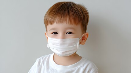 A young boy stands quietly, wearing a white face mask, with a plain wall behind him, showing a calm demeanor and focused expression