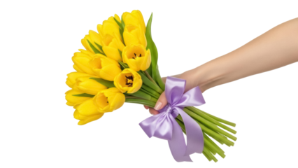 Isolated bouquet of yellow tulips tied with a ribbon held by a woman's hand, gift