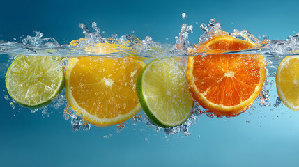 水中に広がるフルーツのスライスと水しぶき