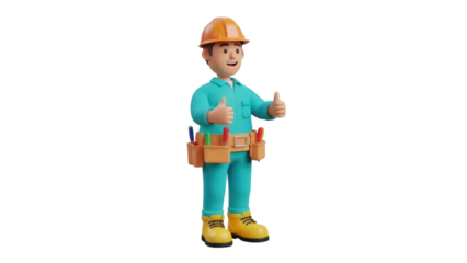 Isolated construction worker cartoon shows thumbs up, repair and build industry concept render