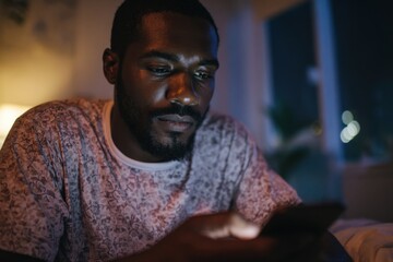 An african american man wearing a pyjama and scrolling on his phone.