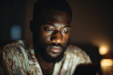 An african american man wearing a pyjama and scrolling on his phone.